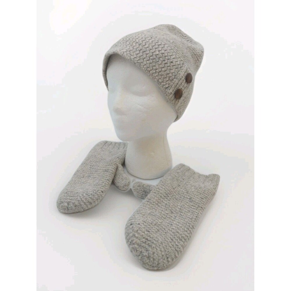LL Bean Ladies Beige Hat Beanie & Mittens Set 80% Lambswool Stretch (Read)